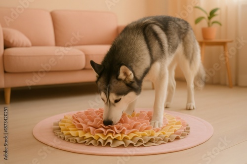 Husky dog engaging with a pink snuffle mat, searching for treats. Pet enrichment and mental stimulation concept