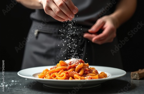 Wallpaper Mural Chef sprinkles salt onto pasta dish. Hand adds seasoning over pasta. Italian food on plate. Traditional cuisine with pasta sauce. Cooking with salt. Delicious meal on black background. Torontodigital.ca