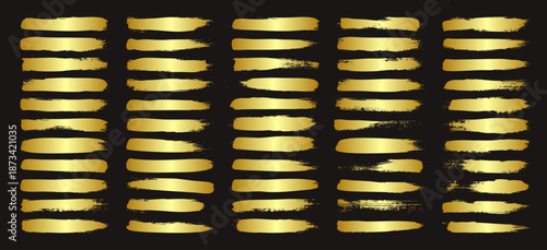 Golden brush strokes, lines, ink smudges, hand-drawn scribble shapes. Handmade sketchy marks, acrylic stains, charcoal streaks. Paint textures, dry brush effect. Marker underline. Vector illustration