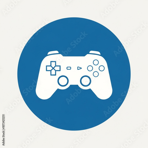 White video game controller icon on a blue circular background, symbol for gaming and entertainment.