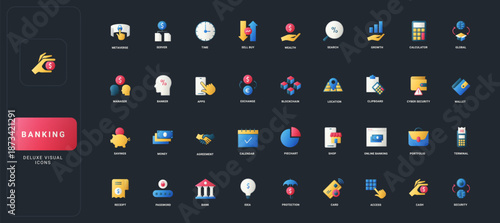 Gradient flat style icons set with finance, banking, security, management, technology, and digital transaction concepts on dark UI background vector illustration.