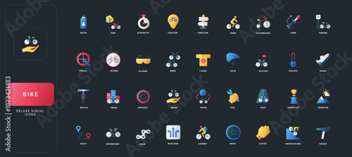Gradient flat style icons set with cycling, equipment, navigation, safety, competition, and maintenance elements on dark UI background vector illustration.