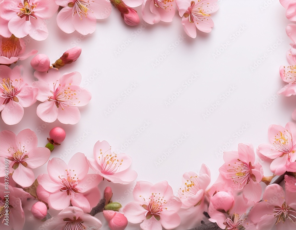 Obraz premium close up of delicate pink blossoms framing a white background spring aesthetic
