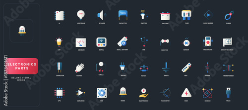 Gradient flat style icons set with diverse electronics parts, components, and tools, including semiconductors, batteries, sensors, and diagrams on dark UI background vector illustration.