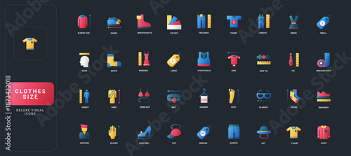 Gradient flat style icons set with clothing size, measurement, apparel, footwear, accessories, and fit indicators on dark UI background vector illustration for fashion and retail themes.