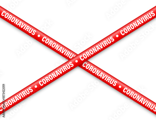 Quarantine zone warning tape. Novel coronavirus outbreak. Global lockdown. Red coronavirus danger stripe. Police caution line, restricted area. Construction tape. Vector illustration