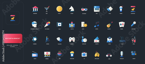Gradient flat style icons set with diverse entertainment, leisure, music, games, food, sports, and media activities on dark UI background vector illustration.