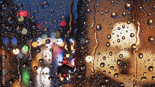Raindrops on Glass Window with Blurred City Lights at Night Creating a Moody Atmospheric Background