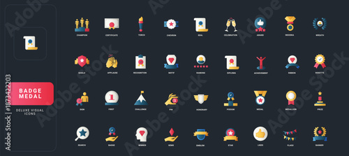 Gradient flat style icons set with badges, medals, trophies, awards, certificates, and achievement symbols on dark UI background vector illustration for recognition and accomplishment themes.