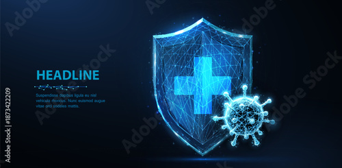 Shield with cross and virus. Abstract vector 3d viral microbe on shield. Virus safety, immune shield, antibacterial system, bacterial protection, pandemic fight, medical healthcare, insurance, concept