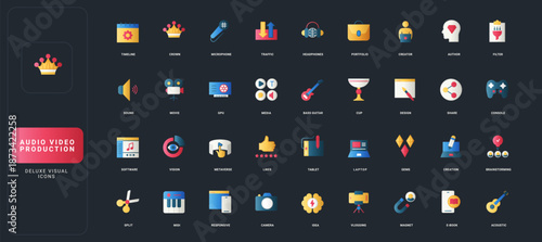 Gradient flat style icons set with audio, video, music, creative tools, digital media, and production elements on dark UI background vector illustration for multimedia and content creation.
