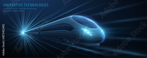 Fast modern express passenger train on high speed railway moving from flash light. Futuristic technology, hi tech future digital transport concept. Low pole 3d abstract illustration


