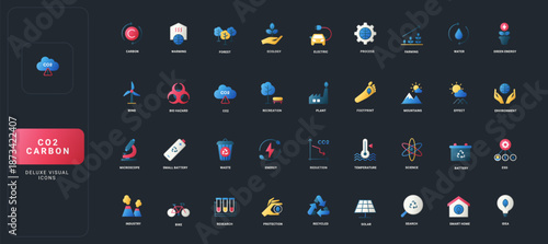 Gradient flat style icons set with carbon, energy, ecology, science, recycling, and environmental impact concepts on dark UI background vector illustration.