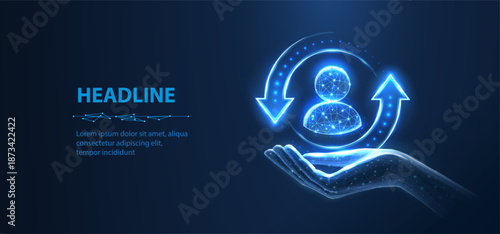 Customer support. Client icon on hand isolated on blue. All inclusive customer care, client servise, employee retention, human resourse, quality client assistance, consumer protect, user help concept

