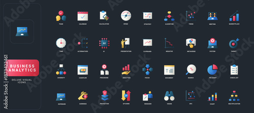 Gradient flat style icons set with business analytics, data visualization, management, AI, finance, and strategy concepts on dark UI background vector illustration.