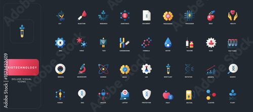 Gradient flat style icons set with DNA, research, lab, health, genetics, and scientific equipment on dark UI background vector illustration for advanced biotechnology and science concepts.