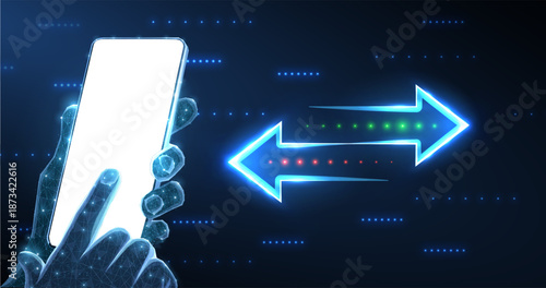 Phone in hands with blank screen and arrows. Money exchange, mobile banking, digital wallet, fast payment, send transaction, online transfer, smart pay, crypto transfer concept. Digital app mock up.

