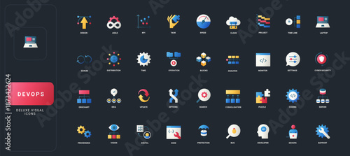 Gradient flat style icons set with DevOps, agile, cloud, coding, security, project management, and digital workflow elements on dark UI background vector illustration.