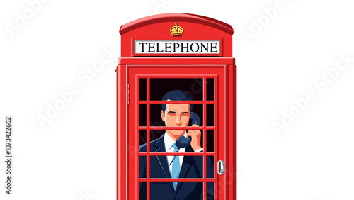 A professional man in a suit talks on the phone inside a classic red British telephone box, symbolizing communication and connection