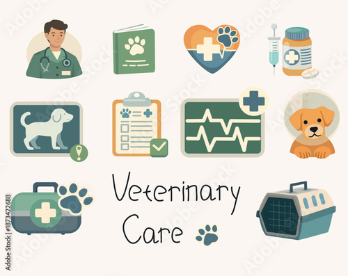 Veterinary care icons set - pet health and animal clinic