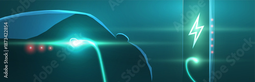 EV. Electric car connect to charging station. Eco power, EV charger, green vehicle, alternative energy, rechargeable battery, auto industry, future technology, hybrid concept

