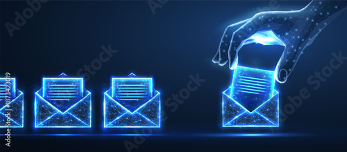 Digital hand put letters in to the envelops. AI mailing, email icon, inbox logo, envelope symbol, e-mail mailbox, send notice, message receive, correspondence e, email address, AI newsletter concept

