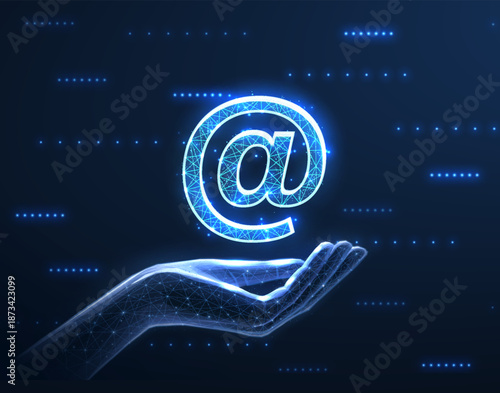 Digital hand and email sign. AI mailing, email icon, inbox logo, envelope symbol, e-mail mailbox, send notice, message receive, correspondence e, email address, AI newsletter concept

