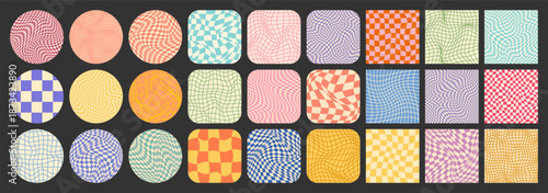 Groovy checkered pattern, colorful tiled grid. Vintage wavy curved backdrop, distortion effect. Funky geometric chessboard texture, retro background in 90s style, y2k. Vector illustration