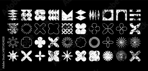 Brutalist geometric shapes, modern grunge symbols. Simple primitive elements and forms, distressed details. Retro design, aged, vintage, trendy contemporary minimalist style, y2k. Vector illustration