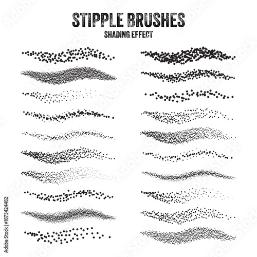 Ink scatter brush, stipple drawing and texturing. Fading gradient. Stippling, dotwork drawing, shading using dots. Halftone disintegration effect. White noise grainy texture. Vector illustration