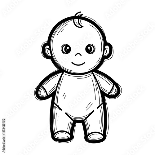 Cartoon baby doll with smiling face and simplistic design 