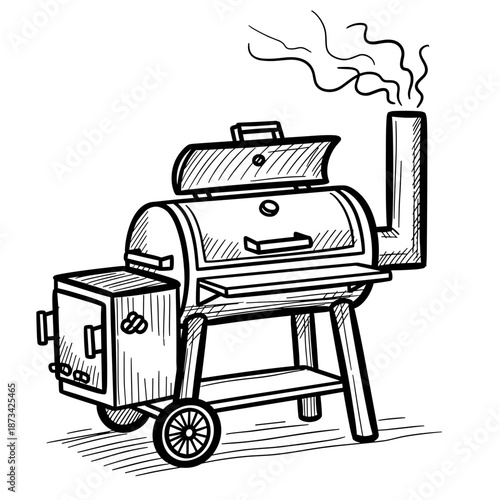 Sketch of a BBQ smoker with smoke rising from chimney  