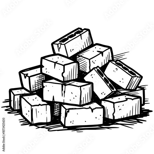 Pile of concrete blocks in sketch style with rough texture  