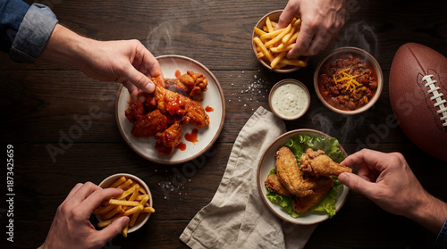 Friends sharing steaming buffalo and fried chicken wings with fries, chili and dips on a dark wooden table during a casual game day gathering and celebration