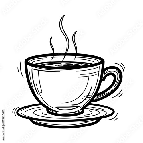 Hot cup of tea with steam on a saucer in black and white design  