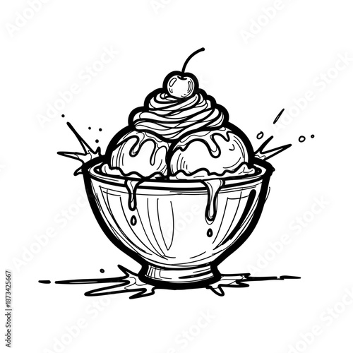 Ice cream sundae with whipped cream and cherry in bowl  