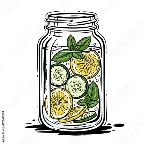 Detox water jar with lemon, cucumber, and mint leaves inside  