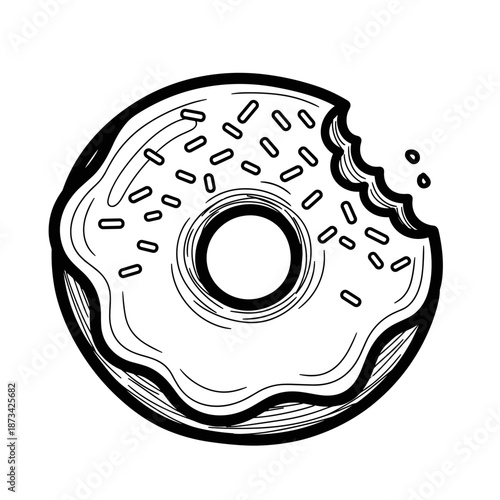 Donut with a bite and colorful sprinkles on a white background  