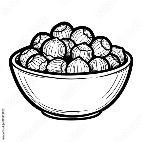 Bowl filled with hazelnuts in sketch style illustration  