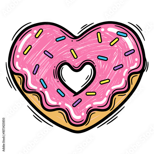 Heart-shaped donut with pink icing and colorful sprinkles  
