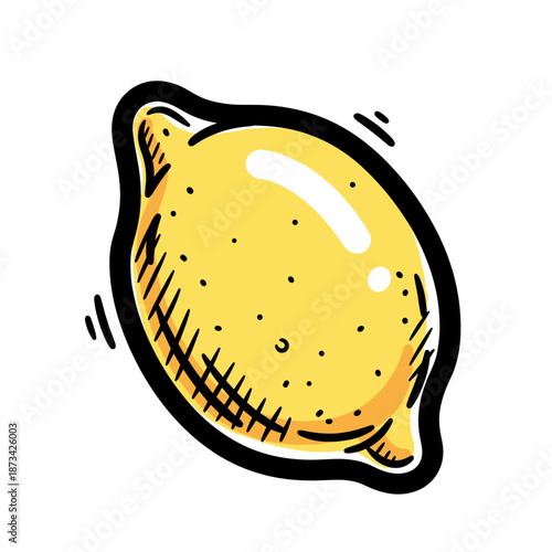 Yellow lemon illustration with black outline on white background  