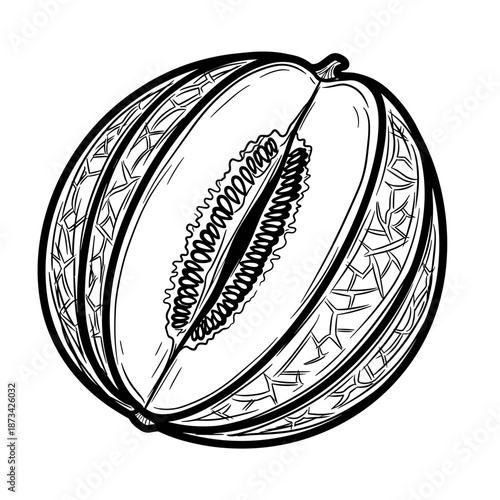 Hand-drawn melon illustration with detailed texture and seeds  
