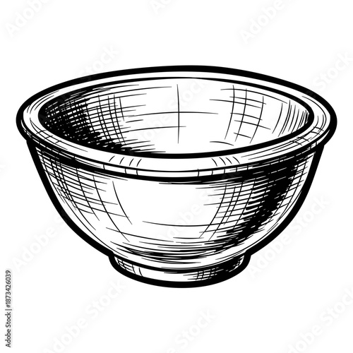Metal bowl in sketch style with detailed shading and contours  