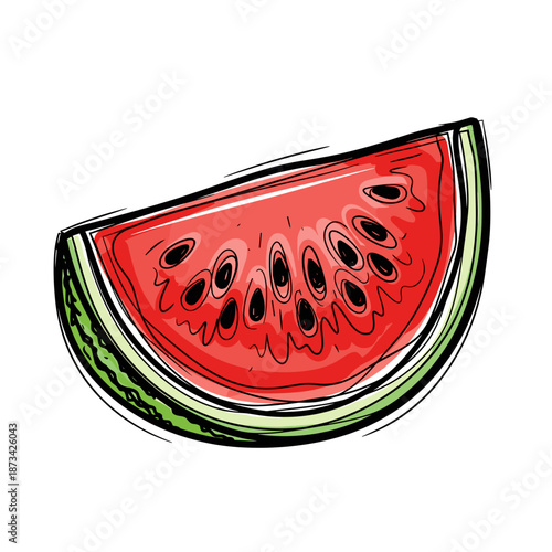 Sliced watermelon in colorful sketch style with seeds exposed  