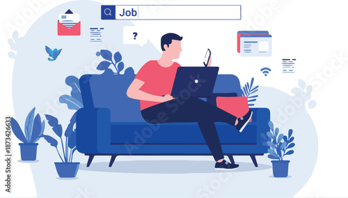 Job search - Man searching job online with his laptop computer from home. Search field over his head. Unemployed, unemployment and searching job concept. Vector illustration.