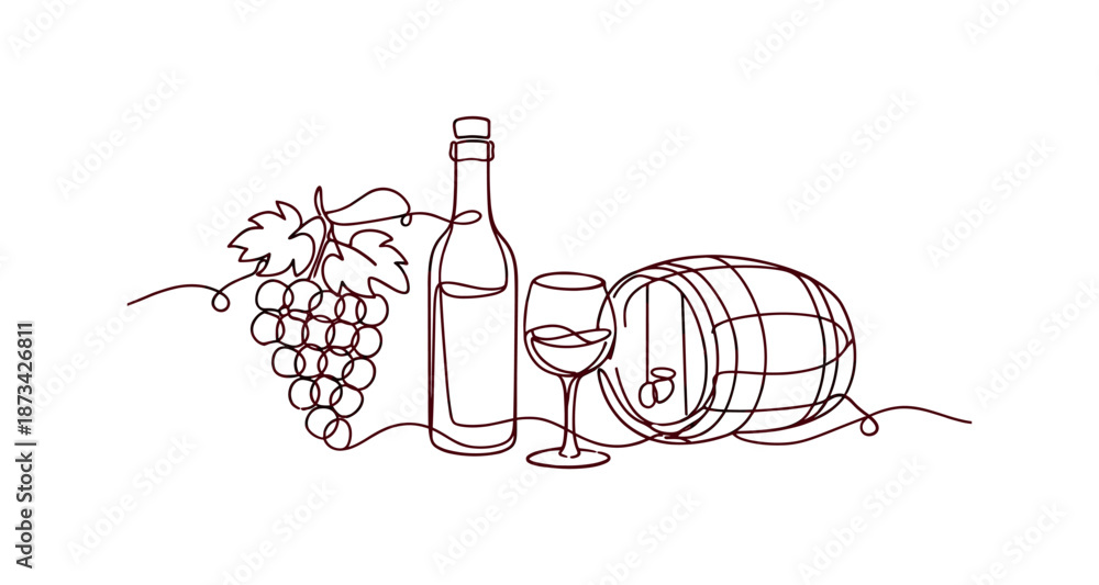 Fototapeta premium Elegant one line art of wine bottle with grapes and barrel