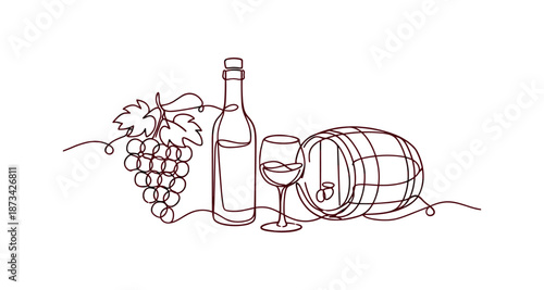 Elegant one line art of wine bottle with grapes and barrel