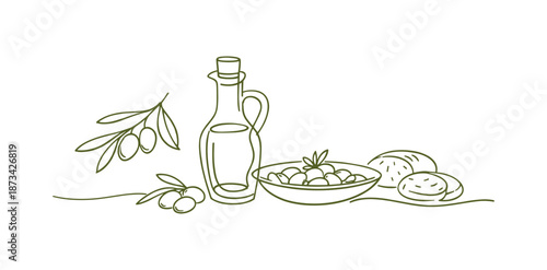 Olive oil and bread on rustic table with linear design