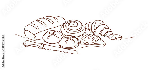 Continuous line art of fresh bread and pastries on white background