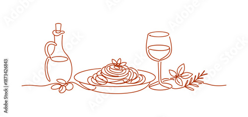 Elegant continuous line drawing of pasta meal with wine and olive oil setup